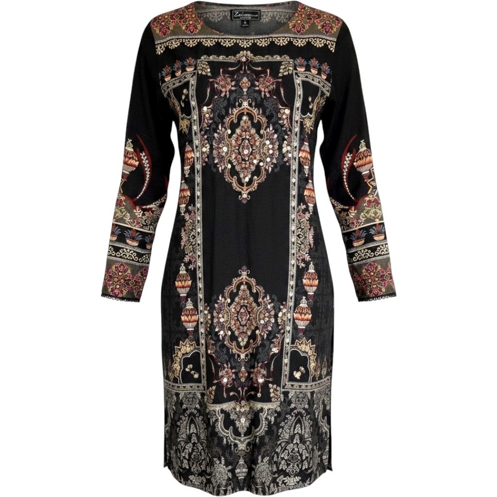 Zaiwa Luxe Kurta Dress Womens M Sequin Beaded Ethnic Midi Tunic Below Knee Black